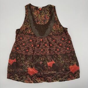 Hinge 100% Silk Boho Peasant Blouse Brown Floral Embroidered Bib Sleeveless Med